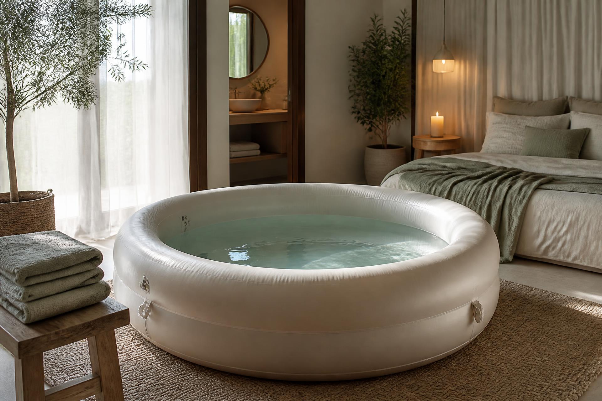 Modern home water birth setup with a premium birthing pool in a calm bedroom